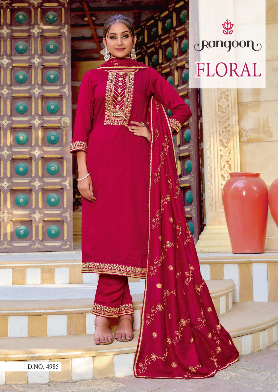 Floral Rangoon Silk Readymade Pant Style Suits
