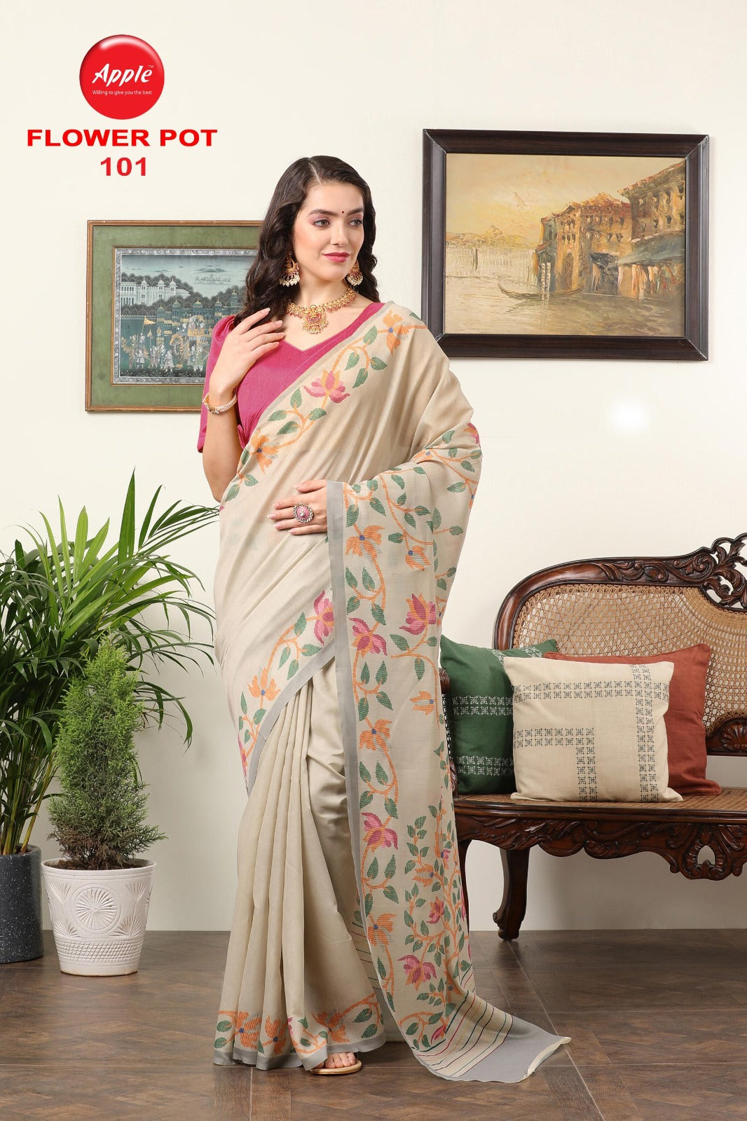 Flower Pot Apple Chanderi Sarees