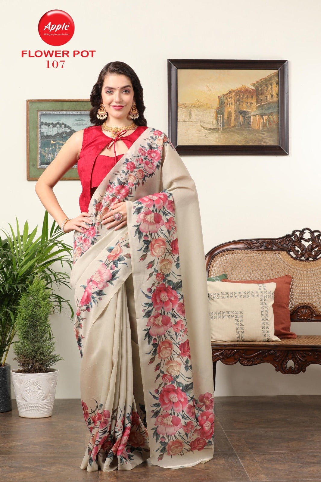 Flower Pot Apple Chanderi Sarees