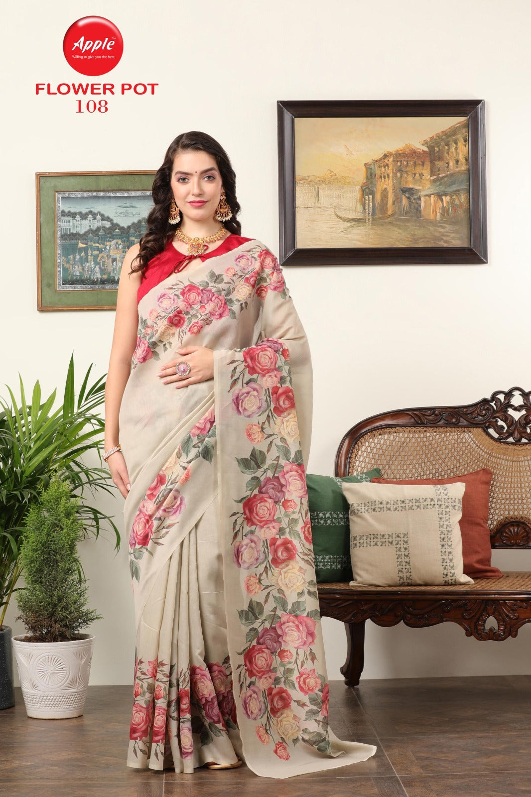 Flower Pot Apple Chanderi Sarees