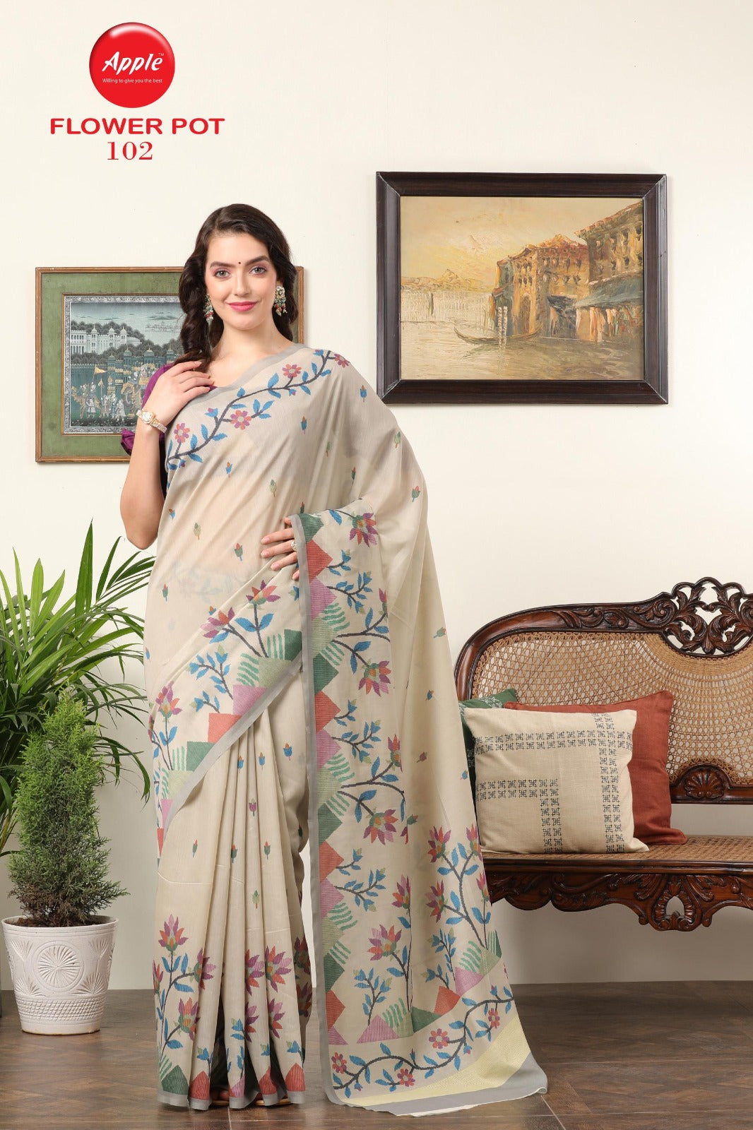 Flower Pot Apple Chanderi Sarees