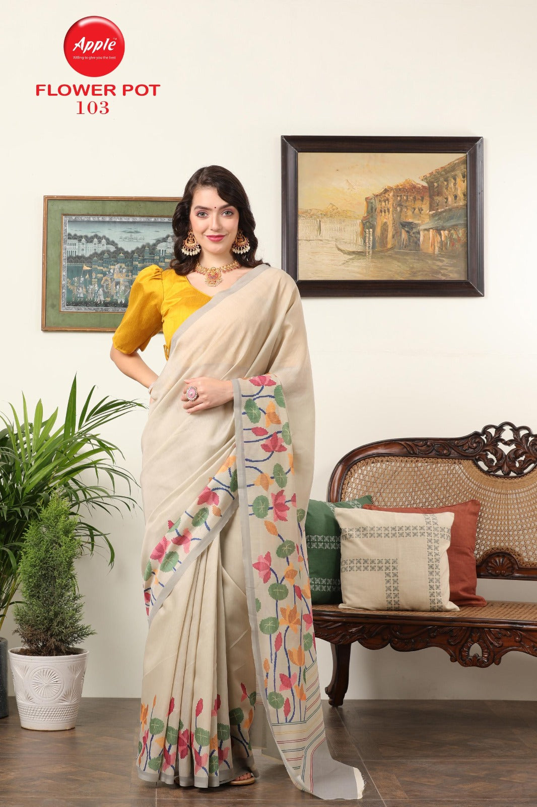 Flower Pot Apple Chanderi Sarees