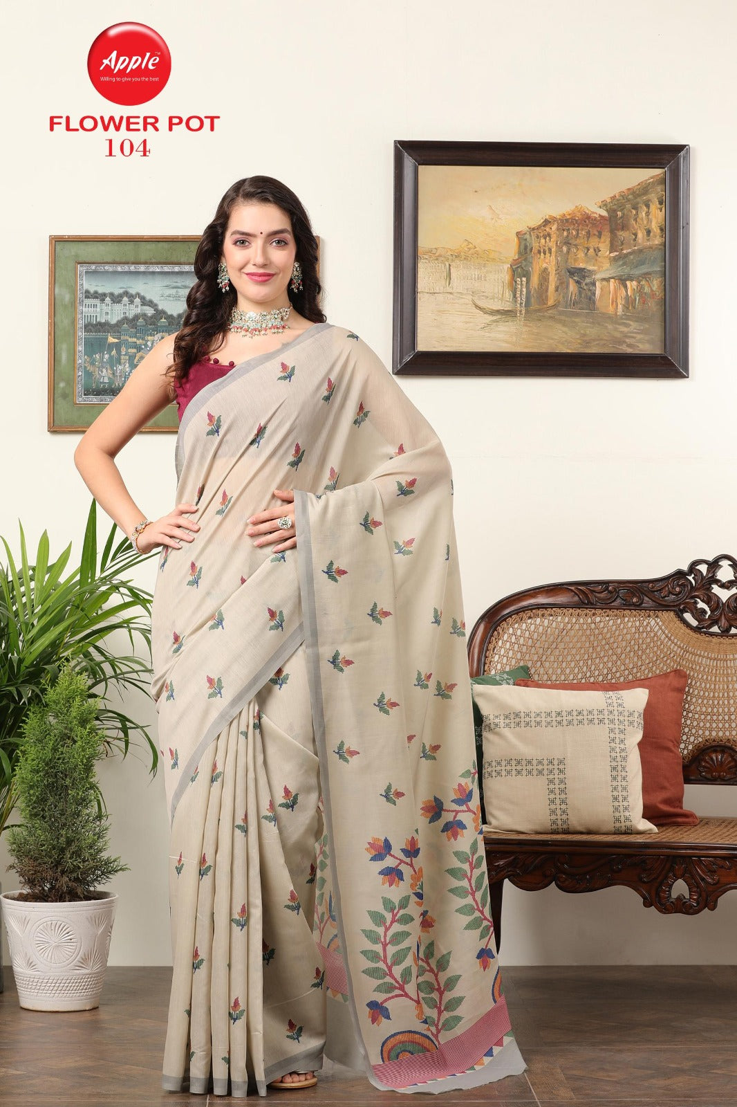 Flower Pot Apple Chanderi Sarees