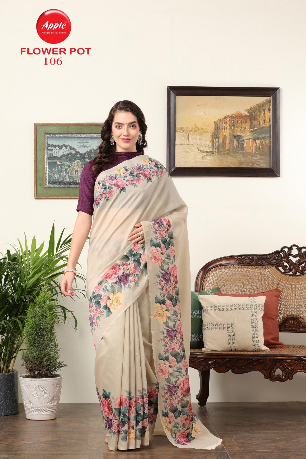 Flower Pot Apple Chanderi Sarees