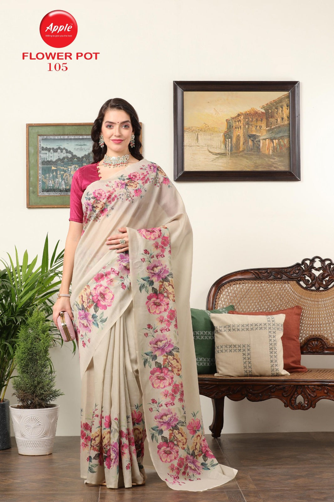 Flower Pot Apple Chanderi Sarees