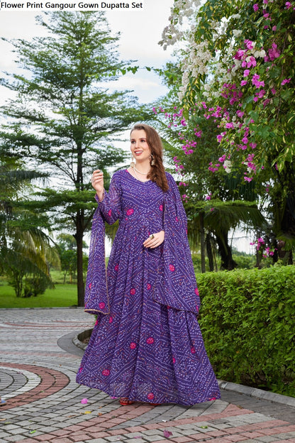 Flower Print Gangour Gown Dupatta Set