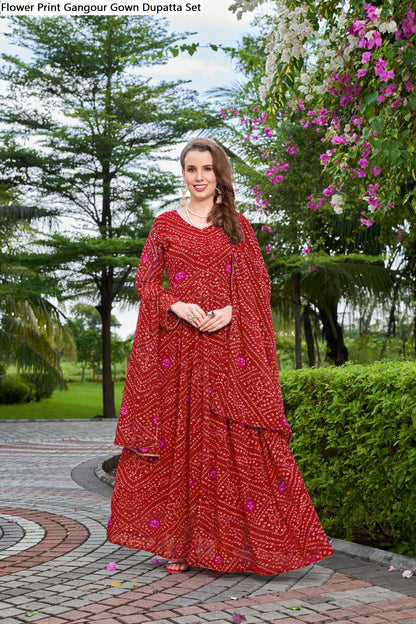 Flower Print Gangour Gown Dupatta Set