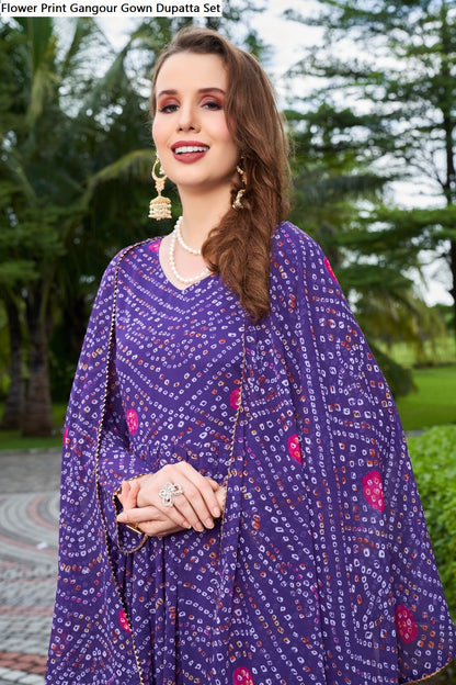 Flower Print Gangour Gown Dupatta Set