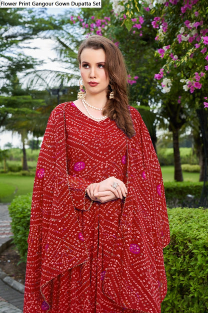 Flower Print Gangour Gown Dupatta Set