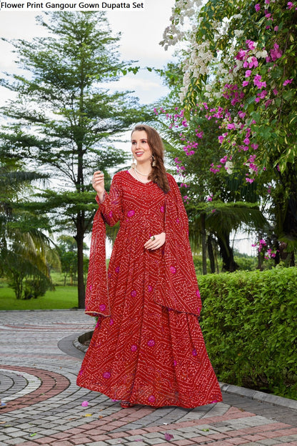 Flower Print Gangour Gown Dupatta Set