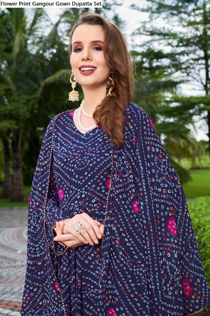 Flower Print Gangour Gown Dupatta Set