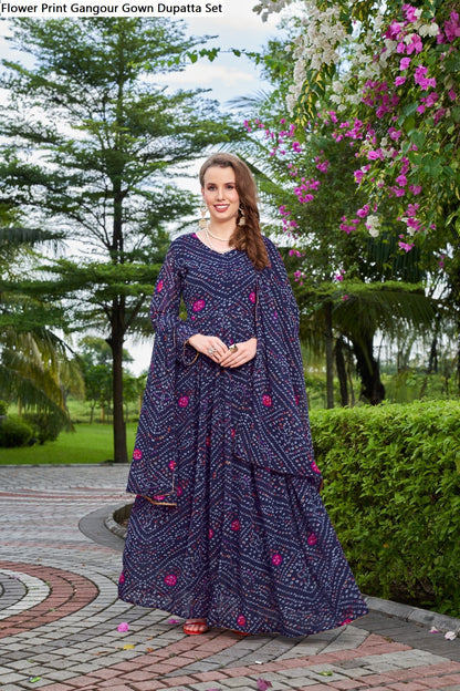Flower Print Gangour Gown Dupatta Set