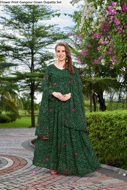 Flower Print Gangour Gown Dupatta Set