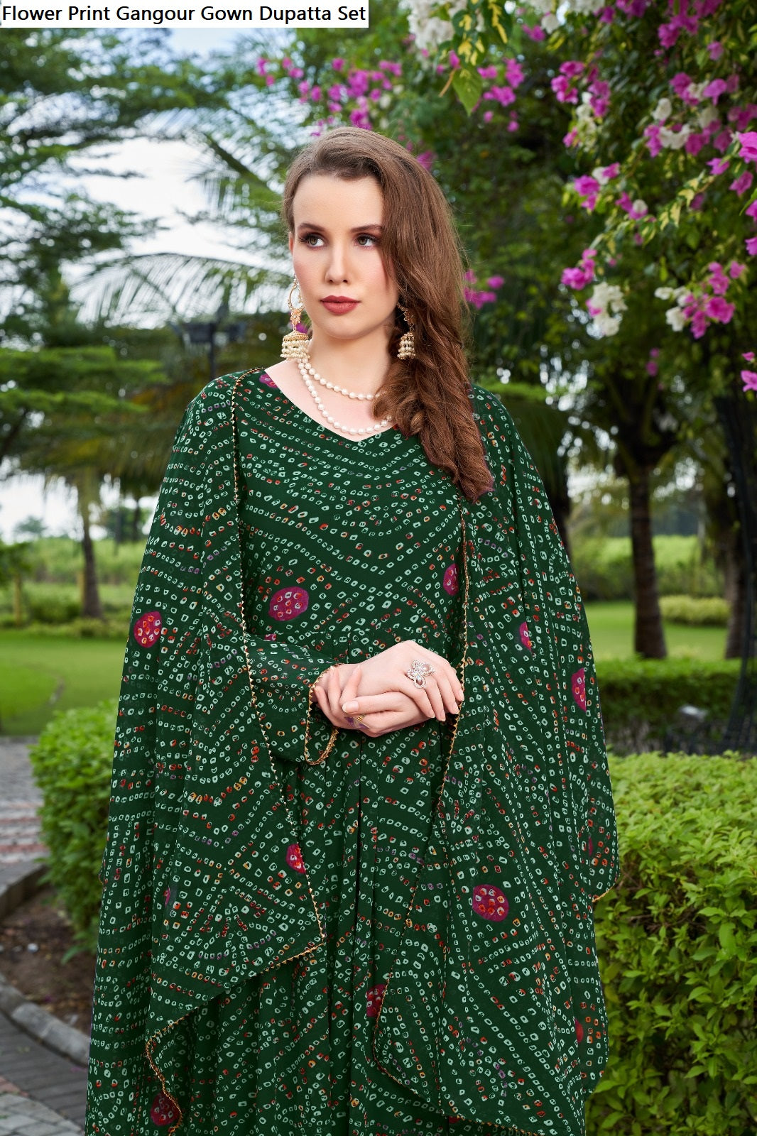 Flower Print Gangour Gown Dupatta Set