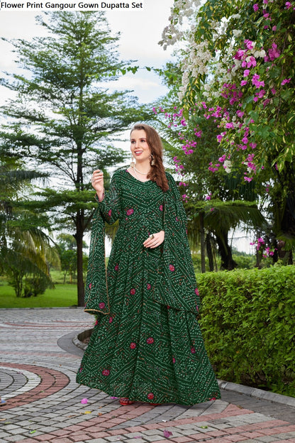 Flower Print Gangour Gown Dupatta Set