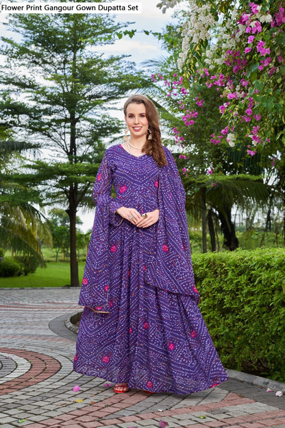 Flower Print Gangour Gown Dupatta Set