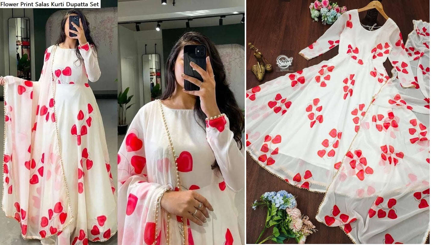 Flower Print Salas Georgette Kurti Dupatta Set