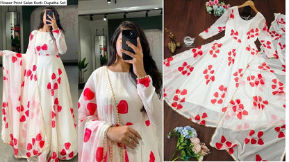Flower Print Salas Georgette Kurti Dupatta Set