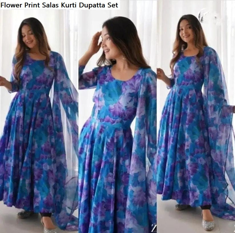 Flower Print Salas Georgette Kurti Dupatta Set