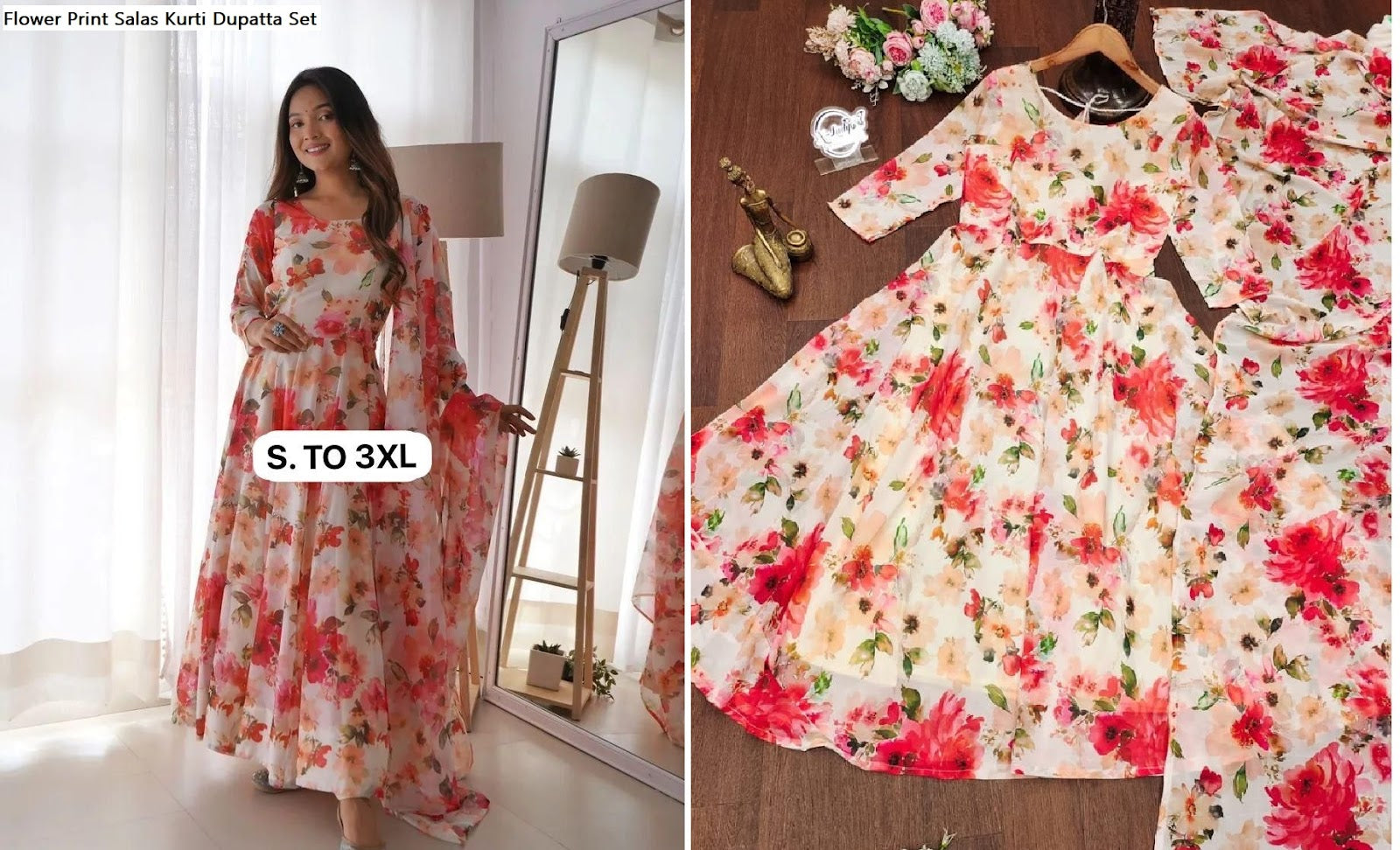 Flower Print Salas Georgette Kurti Dupatta Set