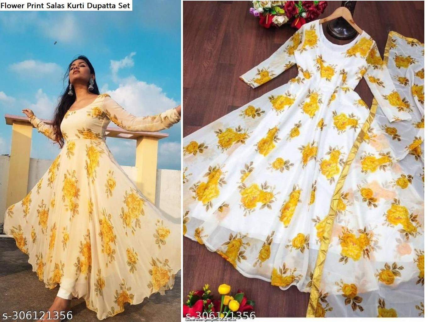 Flower Print Salas Georgette Kurti Dupatta Set