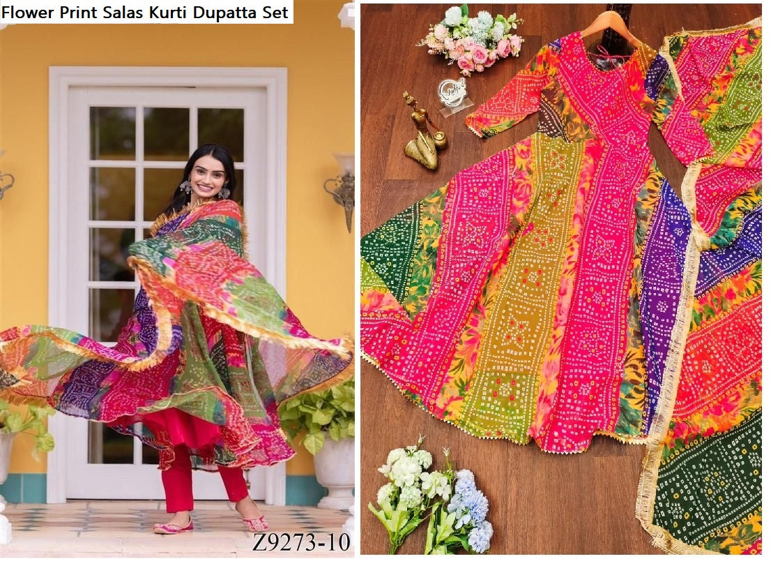 Flower Print Salas Georgette Kurti Dupatta Set