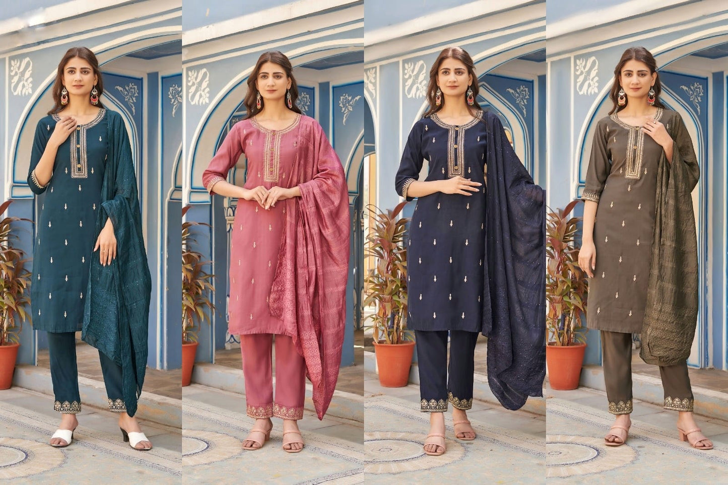 Four Colours-0302 Rangjyot Roman Silk Readymade Pant Style Suits