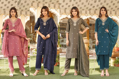 Four Colours-0302 Rangjyot Roman Silk Readymade Pant Style Suits