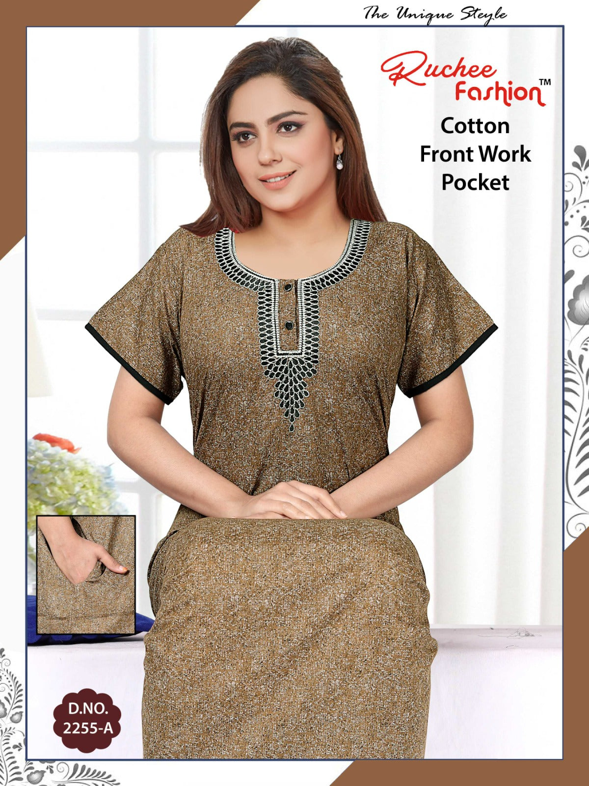 Front Work-1302 Ruchee Fashion Cotton Night Gowns