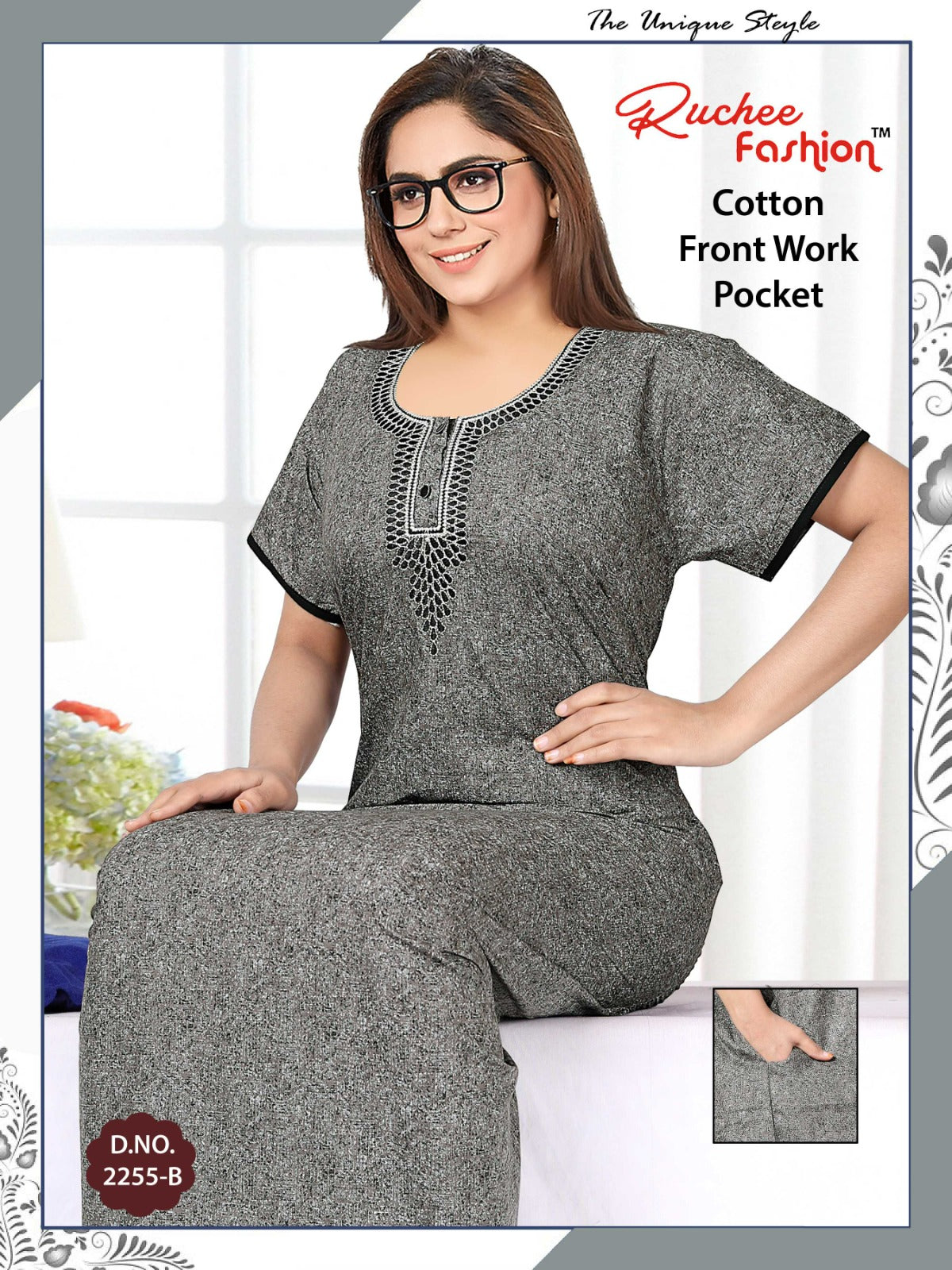 Front Work-1302 Ruchee Fashion Cotton Night Gowns