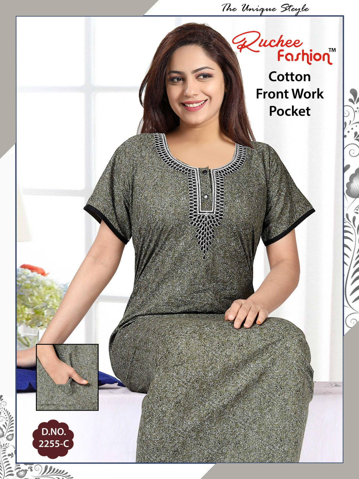 Front Work-1302 Ruchee Fashion Cotton Night Gowns