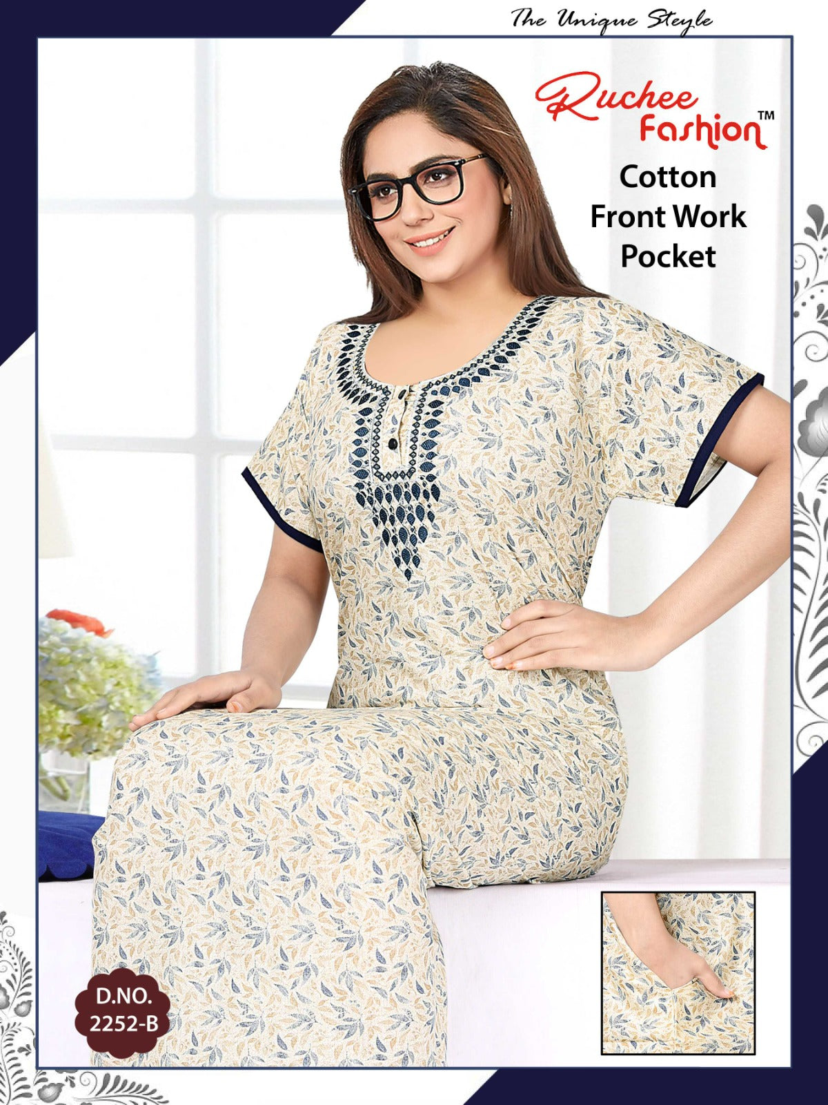 Front Work-1302 Ruchee Fashion Cotton Night Gowns