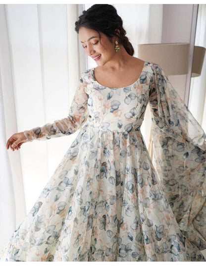 Georgette 211023 Gangour Fancy Gown Dupatta Set