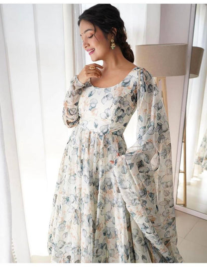 Georgette 211023 Gangour Fancy Gown Dupatta Set