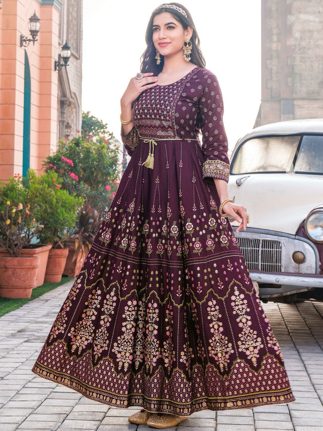 Women's Yellow Thread Work Anarkali With Chanderi Skirt (2pc Set) - Label  Shaurya Sanadhya | One piece dress long, Combination dresses, Frock for  women