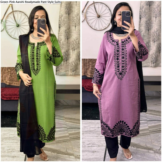 Green-Pink Aarohi Cotton Readymade Pant Style Suits