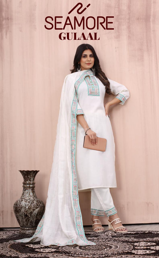 Gulaal-128 Seamore Chanderi Silk Readymade Pant Style Suits