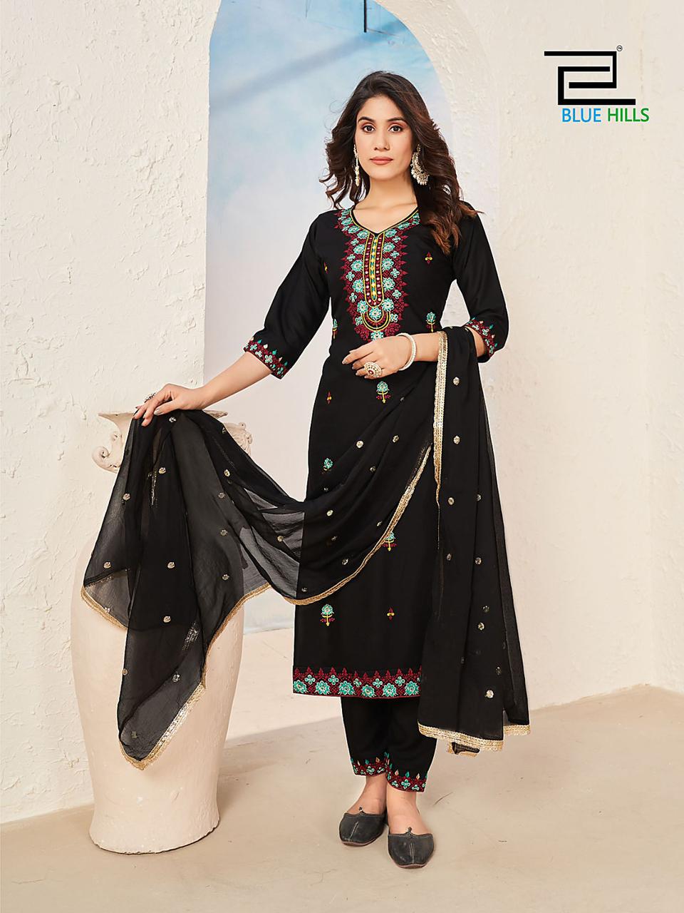 Gulab Jal Blue Hills Rayon Readymade Pant Style Suits