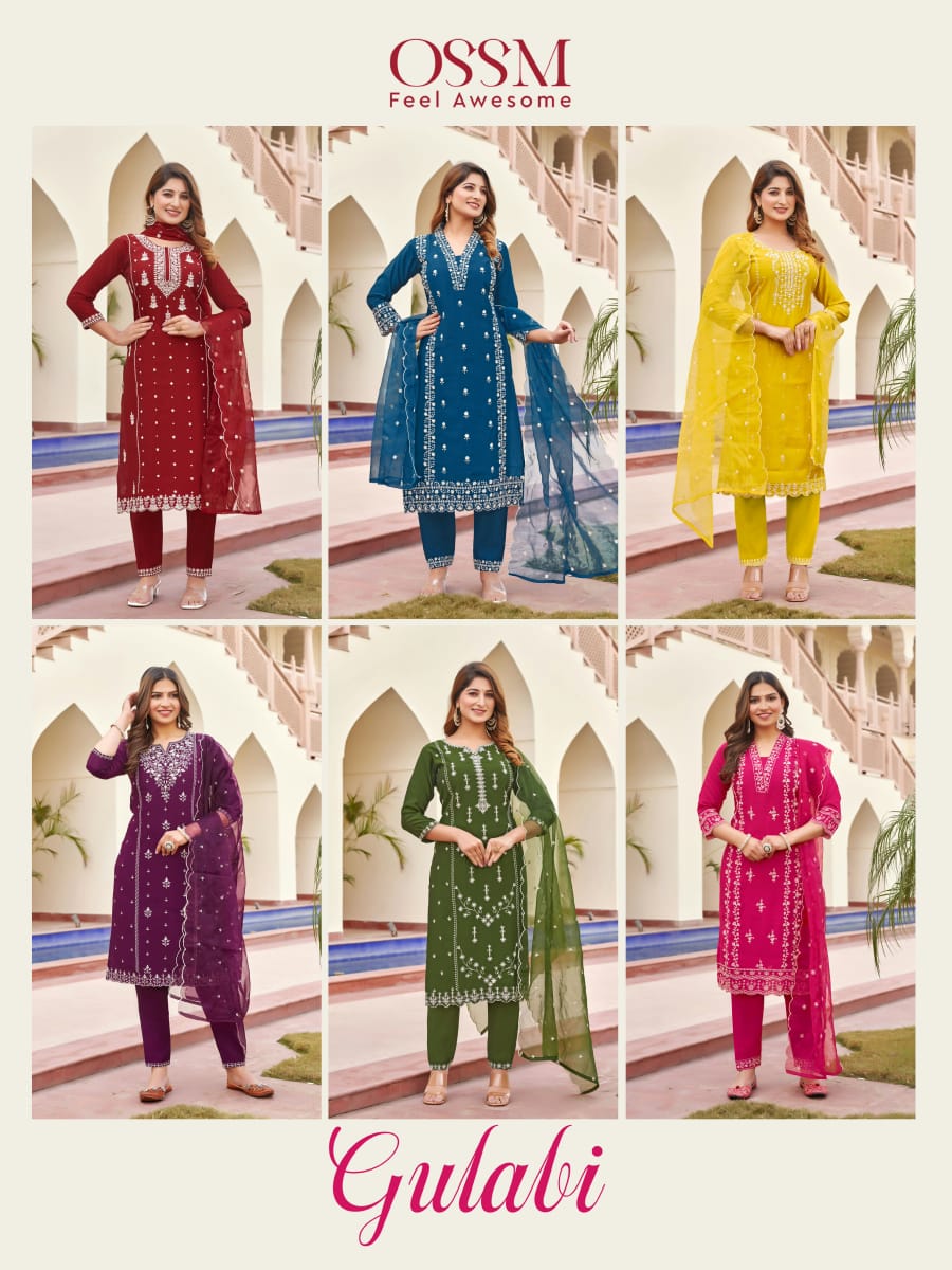 Gulabi Ossm Roman Silk Readymade Pant Style Suits