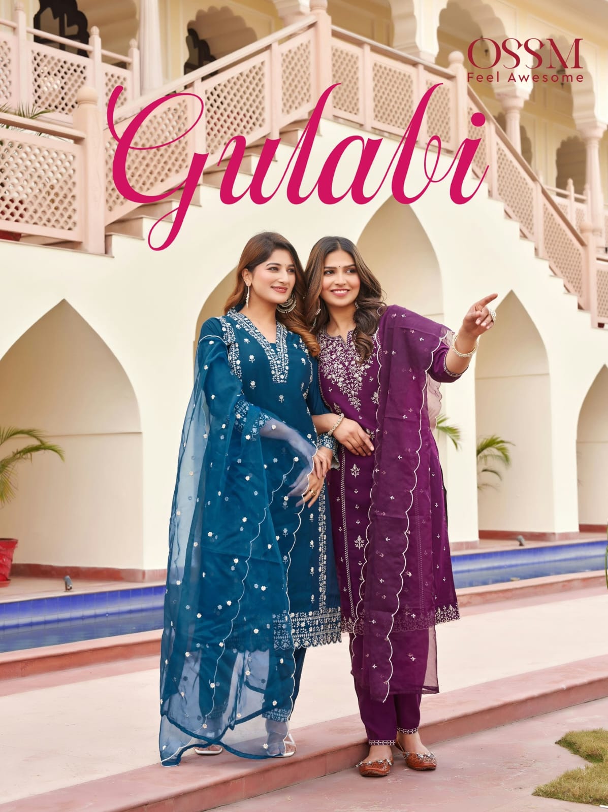 Gulabi Ossm Roman Silk Readymade Pant Style Suits