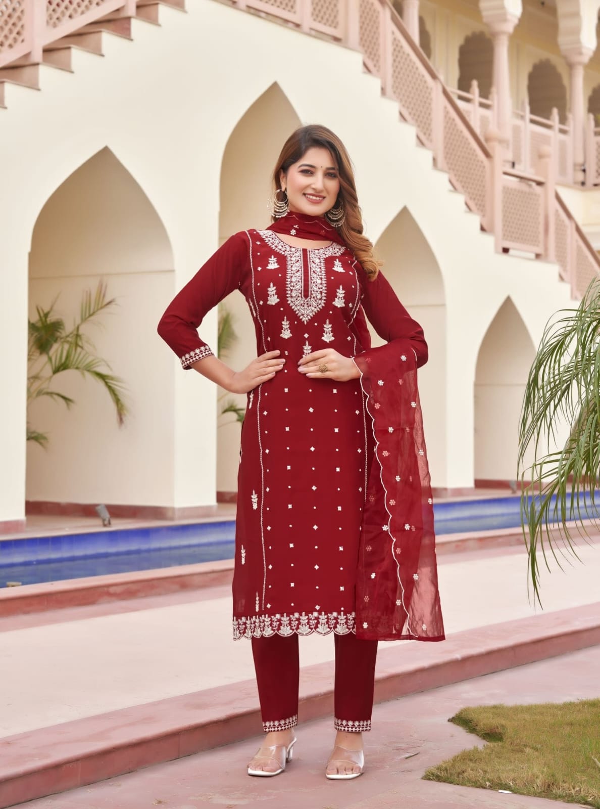 Gulabi Ossm Roman Silk Readymade Pant Style Suits