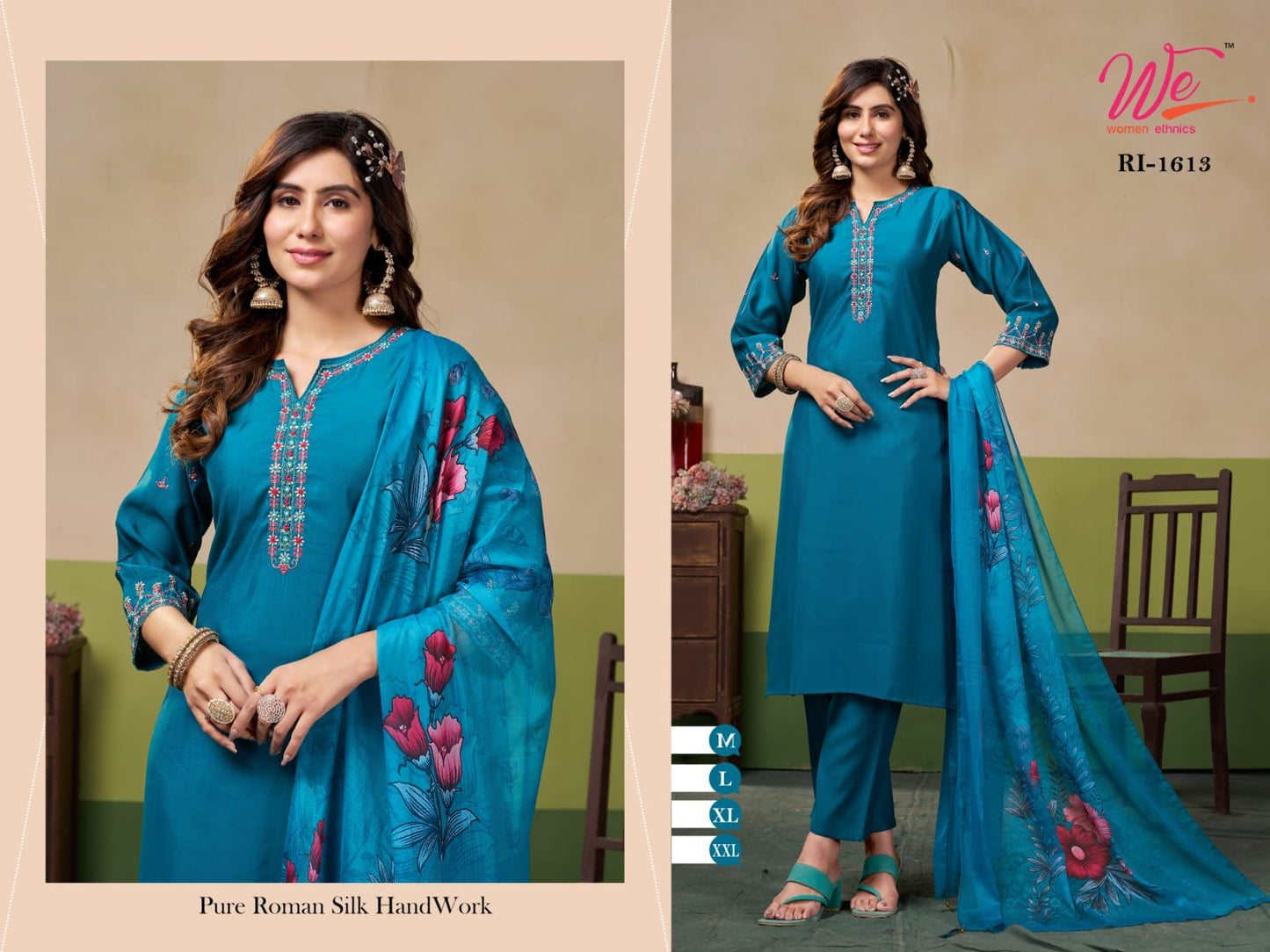 Handwork-2102 Women Ethnics Roman Silk Readymade Pant Style Suits
