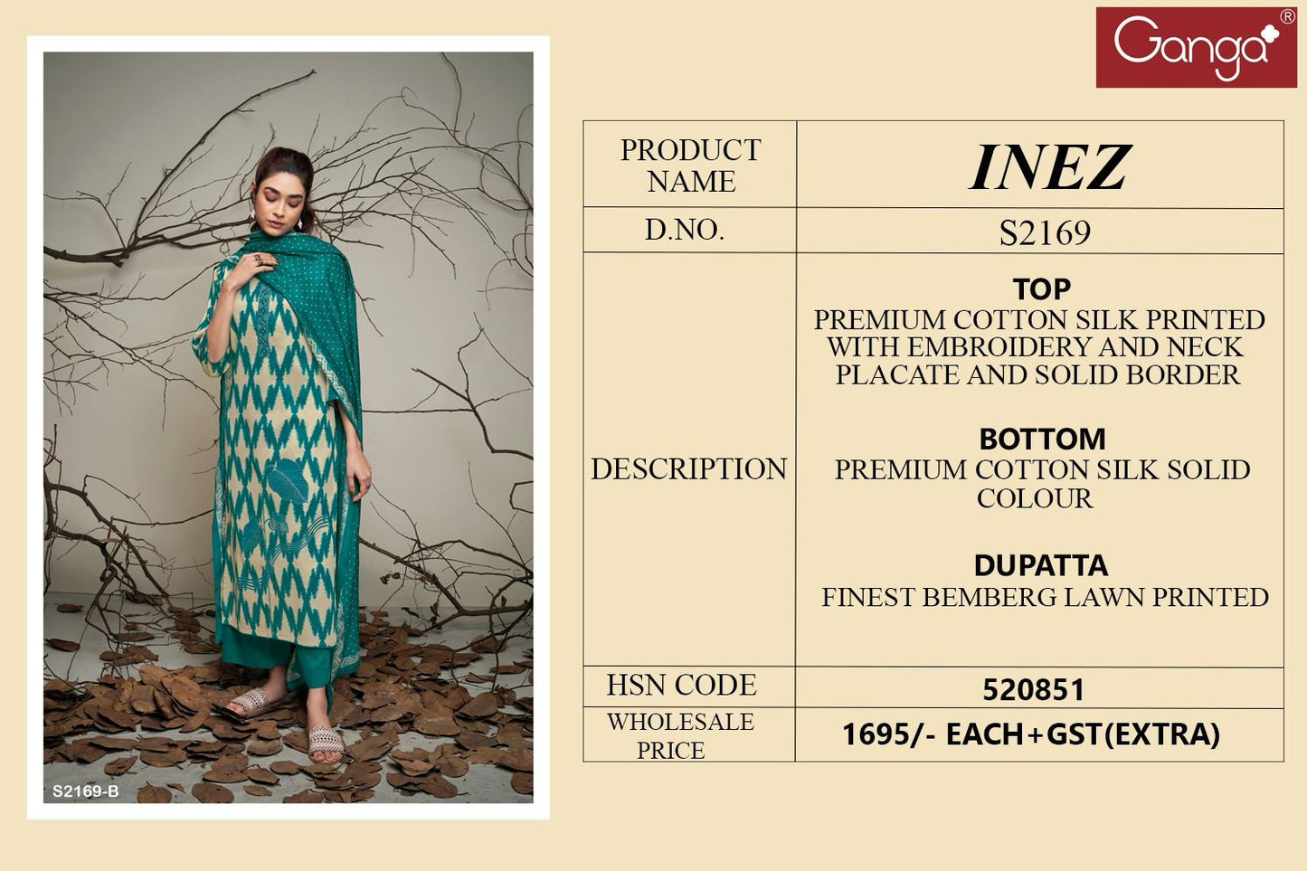 Inez 2169 Ganga Cotton Silk Plazzo Style Suits
