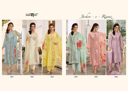Jashen E Riwaz Rangati Prints Russian Silk Pant Style Suits