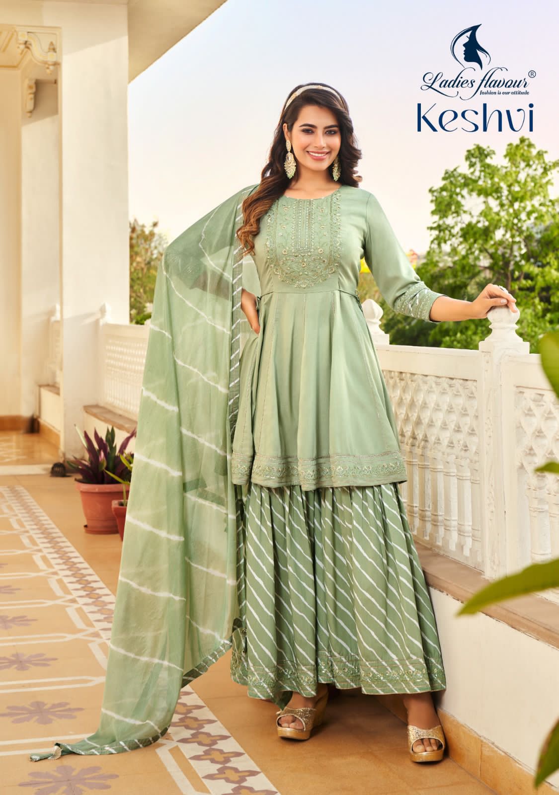 Keshvi Ladies Flavour Chinon Silk Readymade Sharara Suits