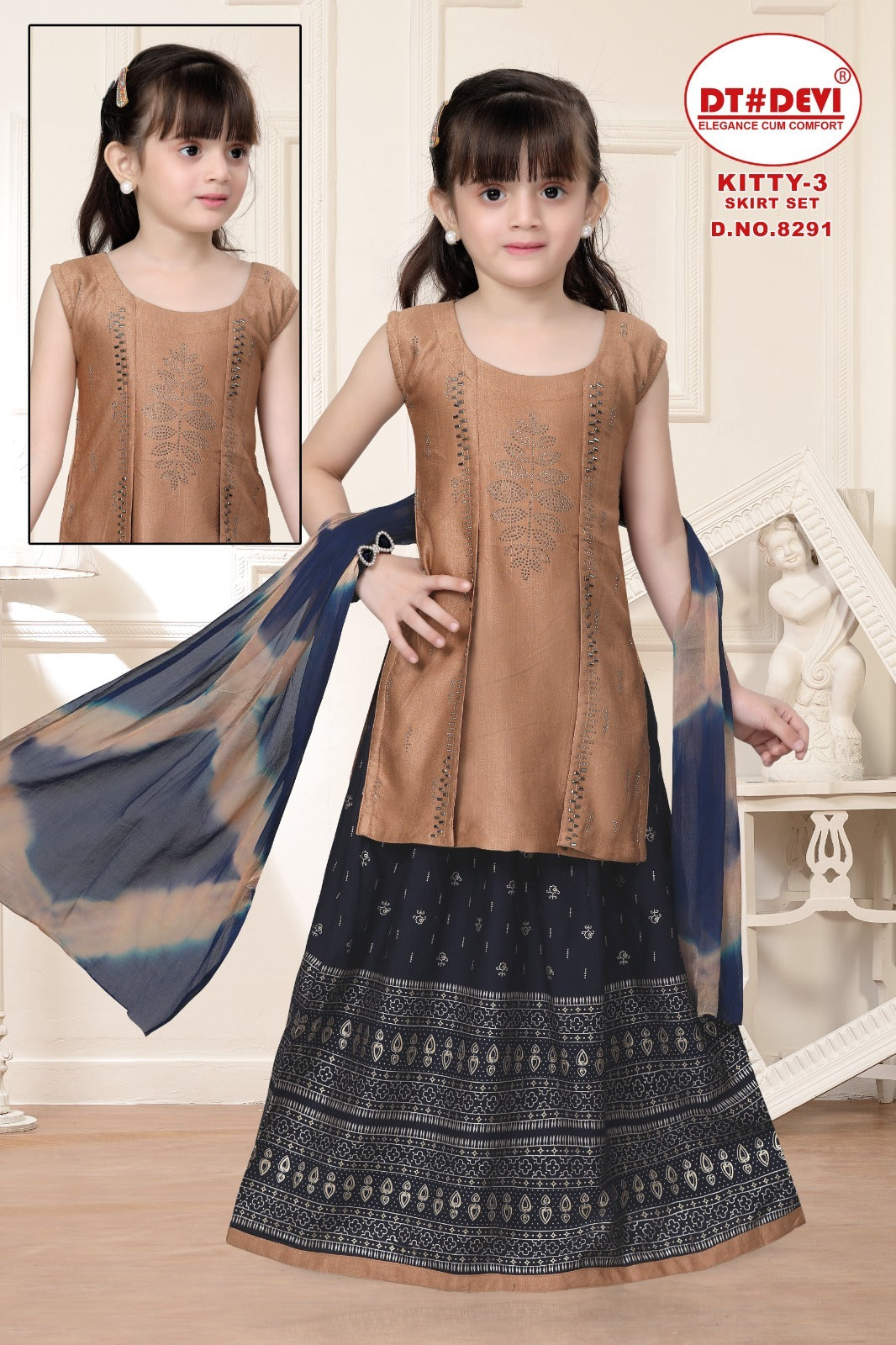 Kitty-3 8291 Dt Devi Silk Girls Readymade Skirt Style Suits