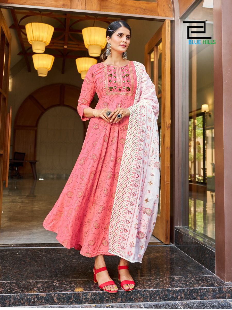 Kohinoor Blue Hills Rayon Gown Dupatta Set