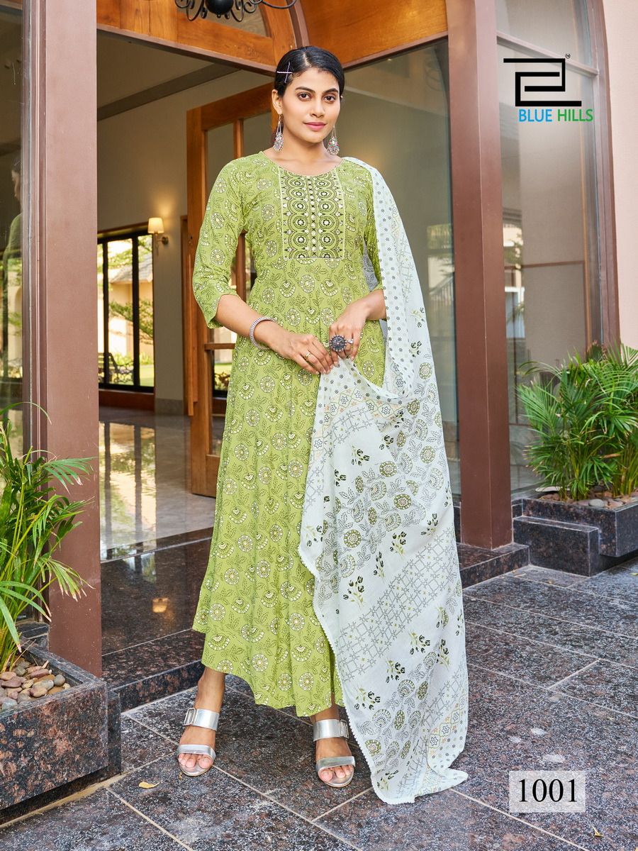 Kohinoor Blue Hills Rayon Gown Dupatta Set