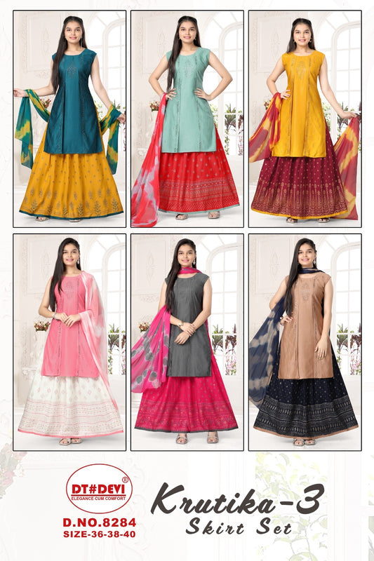 Krutika-3 8284 Dt Devi Silk Girls Readymade Skirt Style Suits