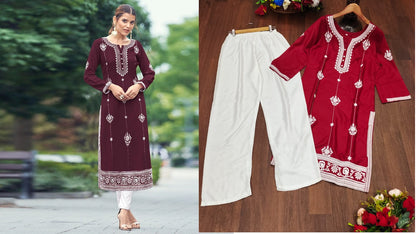Lakhnawi Work-2501 Salas Reyon Kurti Pant Set